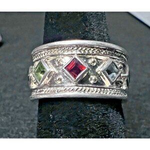Vintage Byzantine Sterling Silver Multi Color Gemstone Wide Band Ring Size 7